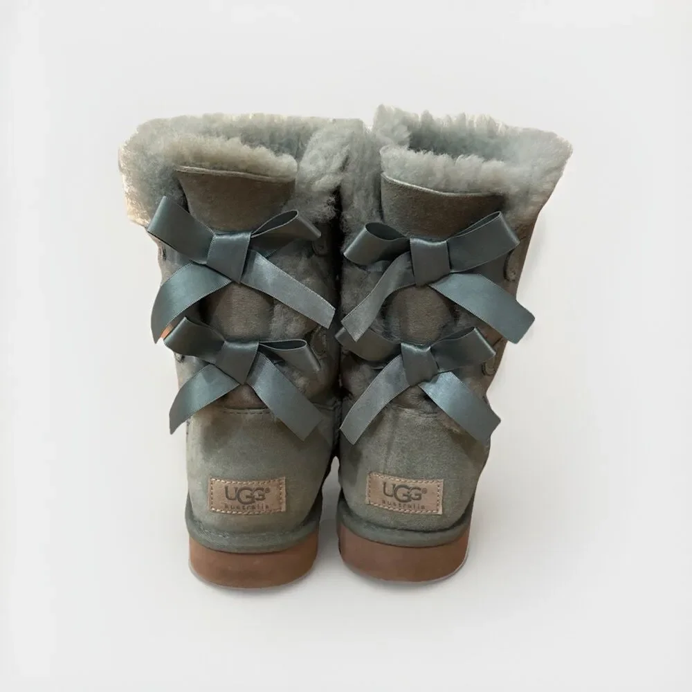 Womens Ugg Boots Sz 8 Bailey Bow Sage Light Green Suede Coquette Has Normal Wear - Picture 7 of 13